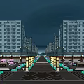 Multi Story Illuminated Residential Buildings With Street Pedestrians Ground Floor Shops And Evening Lights