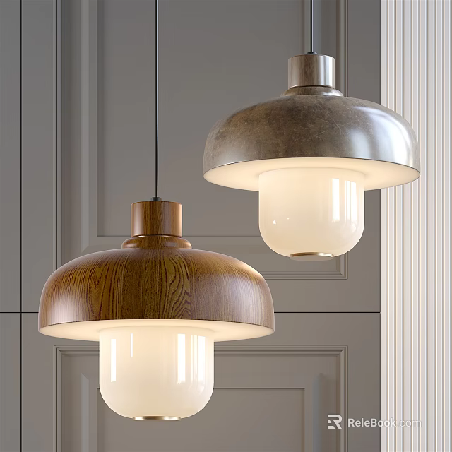 Two Modern Pendant Lights with Wooden and Metallic Shades on Gray Wall 3d model 