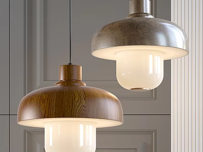 Two Modern Pendant Lights with Wooden and Metallic Shades on Gray Wall 3d model