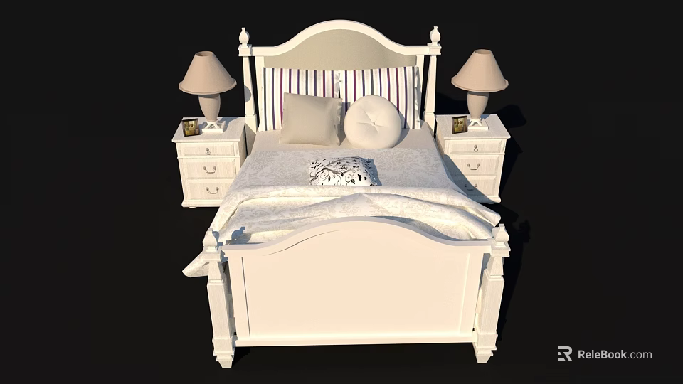 Classic White Kids Bed Design With Striped Headboard Pillows And Lamps 3d model 