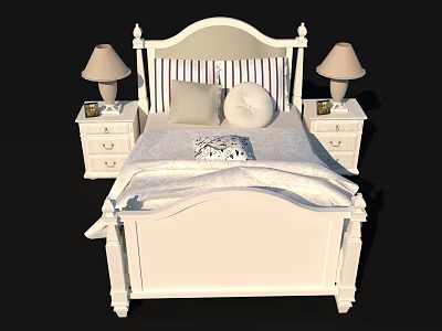 Classic White Kids Bed Design With Striped Headboard Pillows And Lamps 3d model