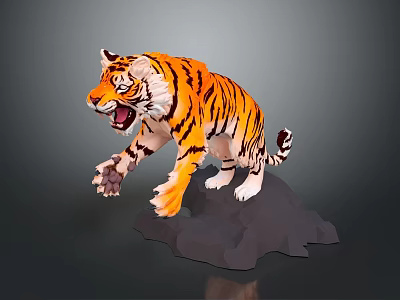 3D Striped Tiger Roaring With Extended Paws Standing On Gray Rock 3d model