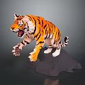 3D Striped Tiger Roaring With Extended Paws Standing On Gray Rock