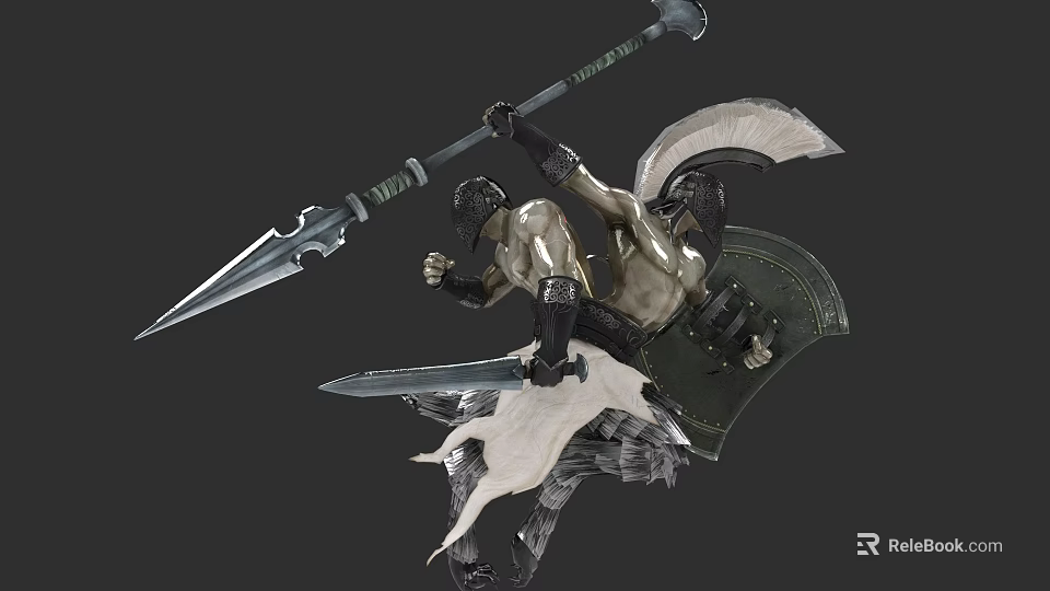 Dynamic Game Movie Warrior Character Holding Spear Shield and Sword in Battle Pose 3d model 