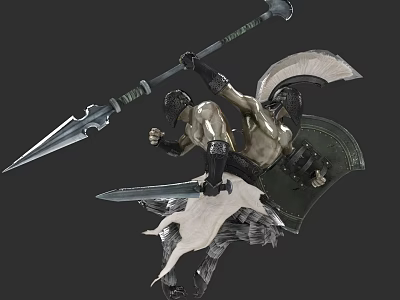 Dynamic Game Movie Warrior Character Holding Spear Shield and Sword in Battle Pose 3d model