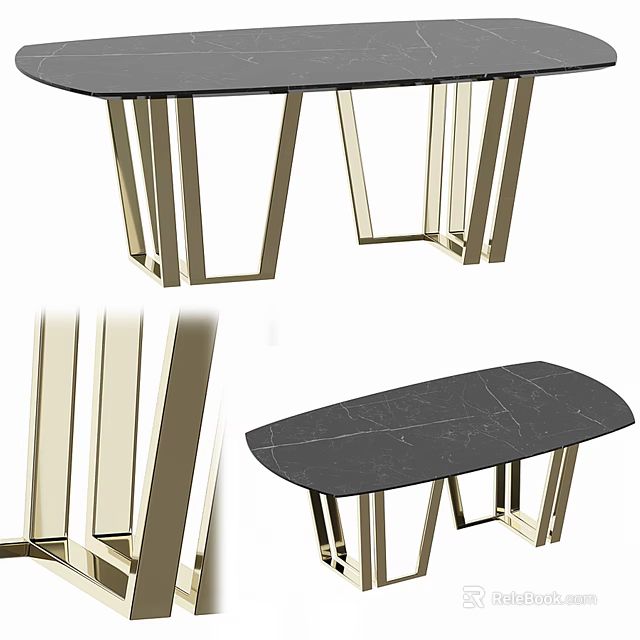 Modern Dining Table With Black Marble Top And Gold Metal Legs Design 3d model 