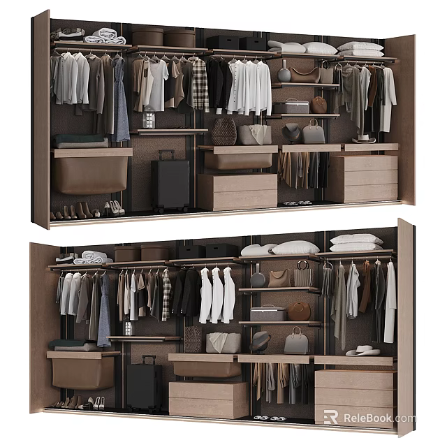 Organized Modern Closet Interior Design With Hanging Clothes Shelves Drawers And Shoe Storage 3d model 