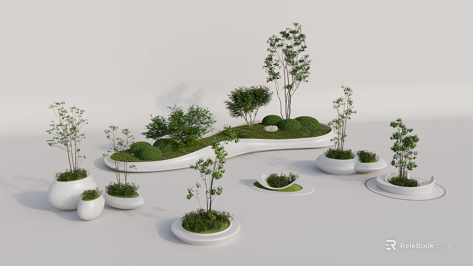 Modern Tree Planters With Various Green Plants Shrubs And Small Trees 3d model