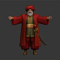 Man With Red Turban Red Robe White Beard And Gold Belt On Gray Background