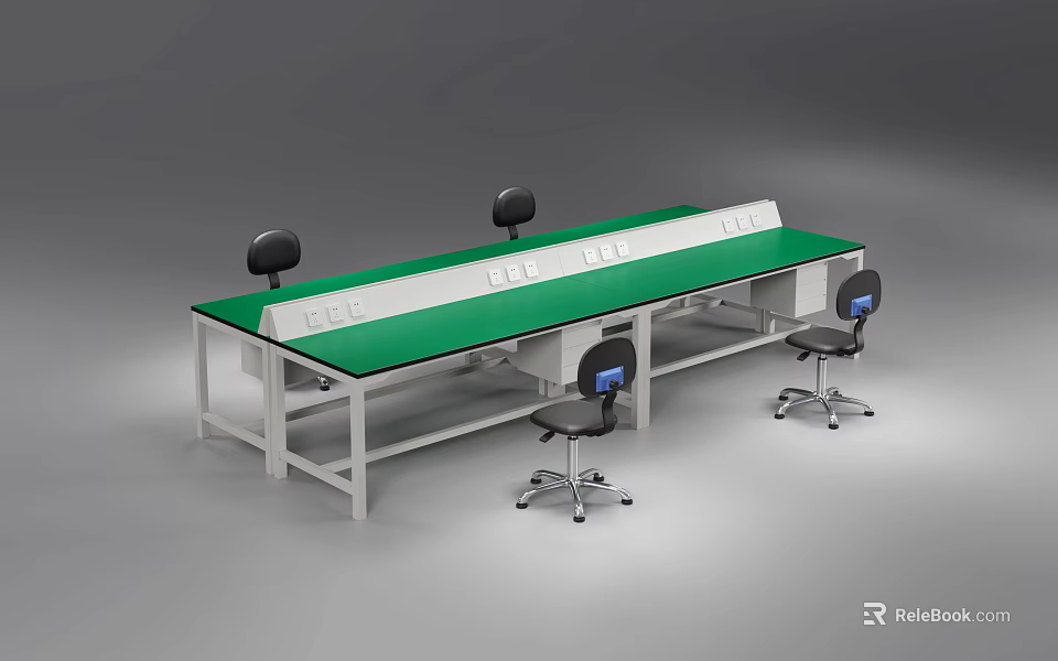 Modern Functional Workstation Desk With Green Tabletop White Metal Frame And Black Chairs 3d model 