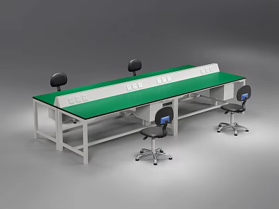Modern Functional Workstation Desk With Green Tabletop White Metal Frame And Black Chairs 3d model