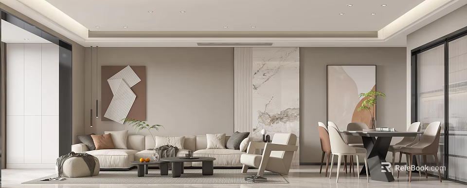 Modern Living Dining Room Interior With Beige Sofa Dining Table And Marble Wall 3d model