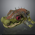 Fantasy Green Crocodile Character With Red Eyes Spiked Head And Metal Armor