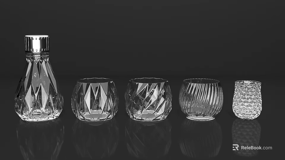 Transparent Glass Cups Showcasing Different Textured Design Patterns Collection 3d model 