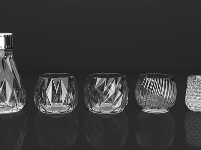 Transparent Glass Cups Showcasing Different Textured Design Patterns Collection 3d model