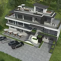 Modern Detached Villa With Large Glass Windows Balconies And Green Lawn Surroundings