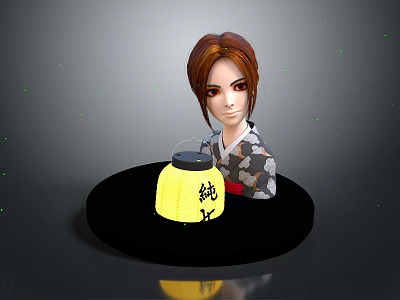 3D Game Movie Character With Brown Hair Wearing Kimono Holding Yellow Lantern With Chinese Characters 3d model
