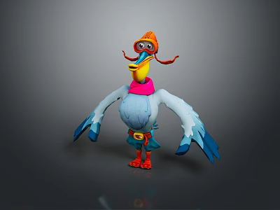 Cartoon Flying Animal With Orange Goggles Red Scarf Blue Body Yellow Belt And Orange Feet 3d model