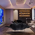 Home Theater Room Interior With Wooden Floor Silver Curved Furniture And Orange Bean Bag Chair
