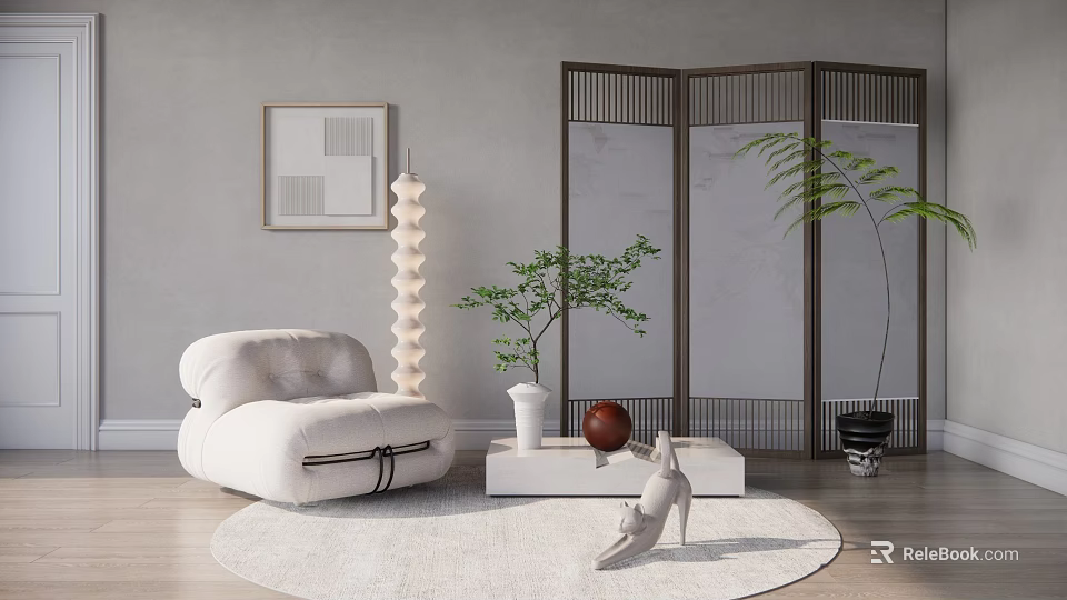 Modern Living Room Interior Single Sofa With Round Rug Spiral Floor Lamp And Wooden Screen 3d model 