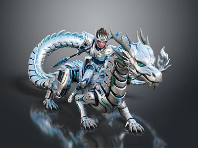 Futuristic Silver Blue Mythical Dragon With Armored Rider And Mechanical Details 3d model