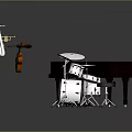 Various Types Of Musical Instruments Display Including Piano Guitar Drum Set Trumpet And Saxophone