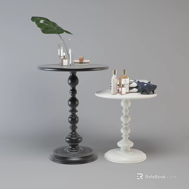 Black and White Side Tables with Ornate Pedestal Bases and Decorative Items 3d model 