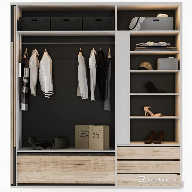 Modern Closet Interior With Hanging Clothes Shelves Shoes Storage Boxes And Drawers 3d model 