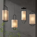 Modern Pendant Lights With Black Frames White Fabric Shades Gray Wall And Green Plants