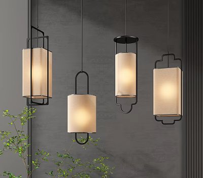 Modern Pendant Lights With Black Frames White Fabric Shades Gray Wall And Green Plants 3d model