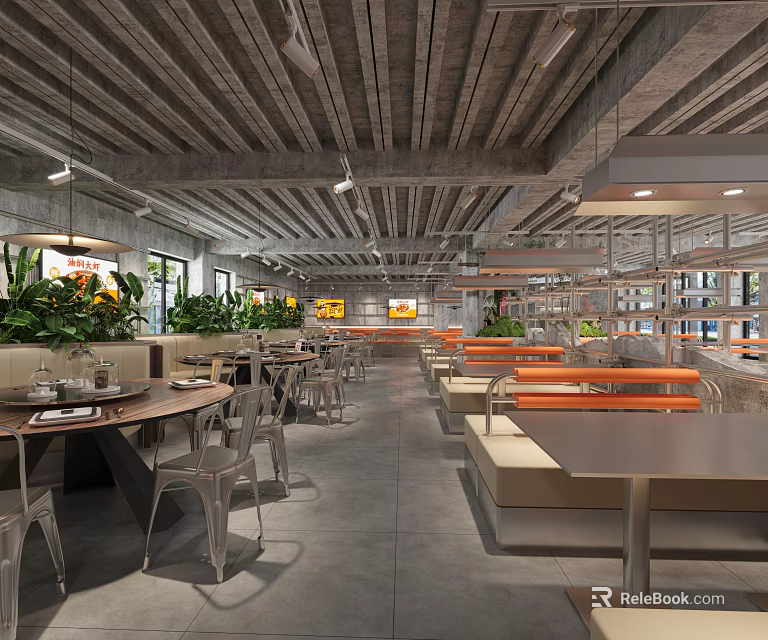 Industrial Style Restaurant Interior With Open Layout Green Plants Metal Tables And Orange Seats 3d model 