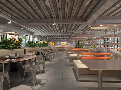 Industrial Style Restaurant Interior With Open Layout Green Plants Metal Tables And Orange Seats 3d model