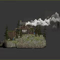 Miniature Log Cabin Decorative Model With Pine Trees Clouds And Rock Base For Home Decoration