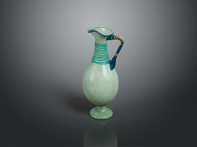 Light Green Ceramic Vase With Blue Striped Accents And Curved Handle 3d model