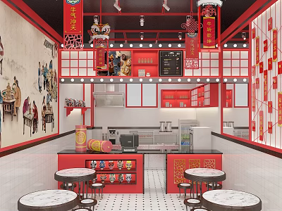 Traditional Chinese Style Milk Tea Shop With Red Decor And Round Tables 3d model