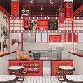 Traditional Chinese Style Milk Tea Shop With Red Decor And Round Tables