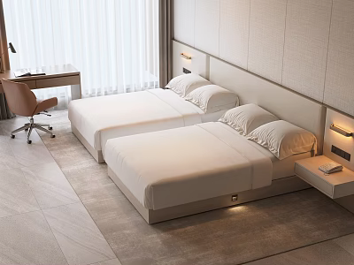 Modern Hotel Room Interior With Twin Beds White Linens Desk Chair And Nightstand 3d model