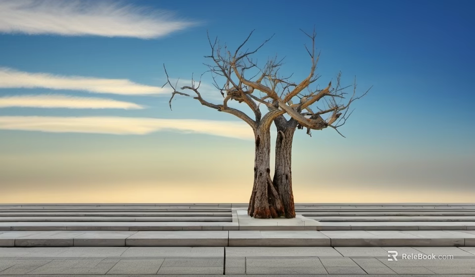 Leafless Arbor With Twin Trunks Standing On Stone Steps Under Blue Sky And White Clouds 3d model 