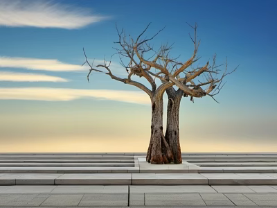 Leafless Arbor With Twin Trunks Standing On Stone Steps Under Blue Sky And White Clouds 3d model