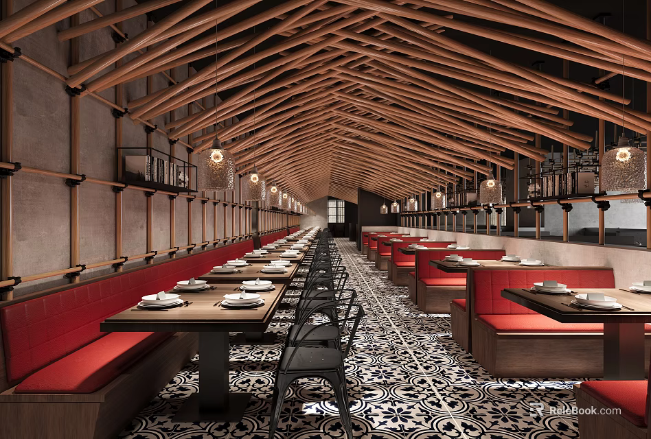 Long Narrow Restaurant Interior With Wooden Roof Structure Red Booths Black Tables And Patterned Tiles 3d model 