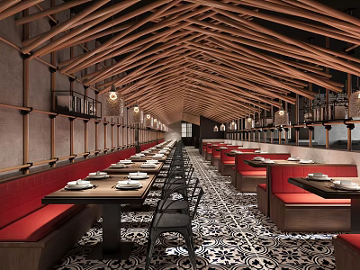 Long Narrow Restaurant Interior With Wooden Roof Structure Red Booths Black Tables And Patterned Tiles 3d model