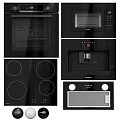 Modern Black Kitchen Appliances Including Oven Microwave Stove Top Coffee Maker And Hood