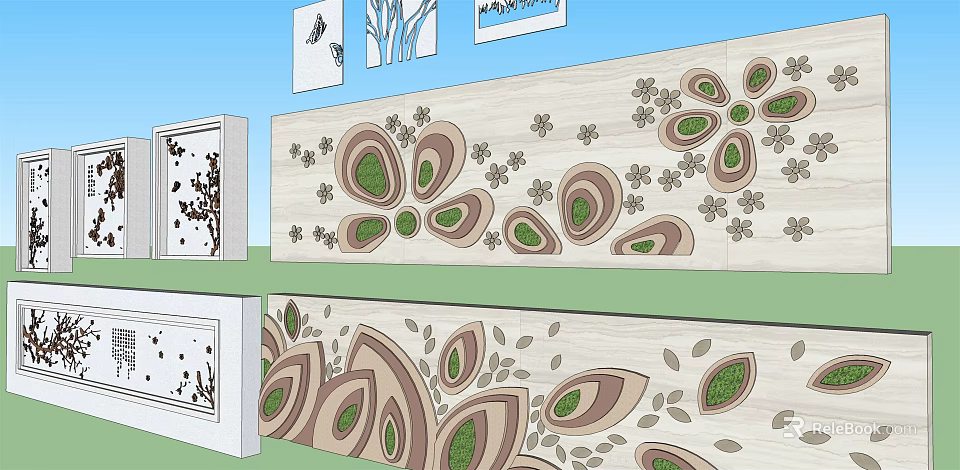 Artistic Feature Wall Interior Design With Floral Patterns Leaf Elements And Natural Tones 3d model 