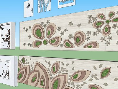 Artistic Feature Wall Interior Design With Floral Patterns Leaf Elements And Natural Tones 3d model