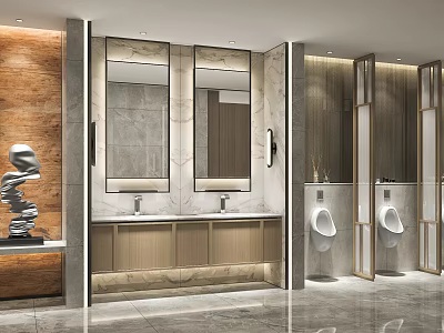 Modern Hotel Bathroom Interior Design With Double Mirrors Marble Vanity Wooden Panels And Urinals 3d model