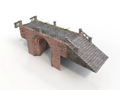 Stone Brick Arch Bridge Structure With Stairs Railings And Overgrown Plants 3d model