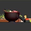 Japanese Food Display With Sushi Rolls Ramen Tempura In Wooden Tray And Bowl