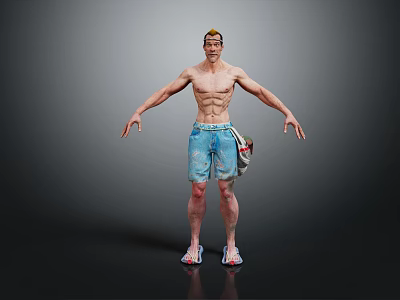 Shirtless Muscular Man In Ripped Blue Denim Shorts Colorful Sneakers Backpack Standing Gray Background 3d model
