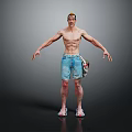 Shirtless Muscular Man In Ripped Blue Denim Shorts Colorful Sneakers Backpack Standing Gray Background