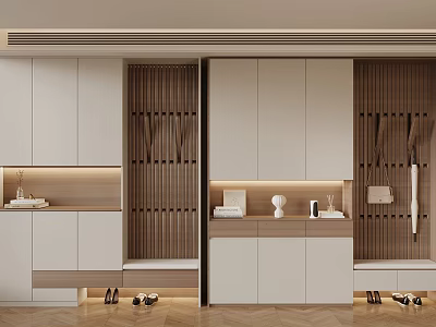 Modern Shoe Cabinet Design With Wooden Slats LED Lighting And Home Entryway Storage 3d model